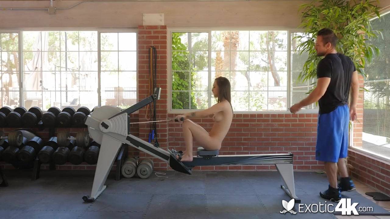 Naughty brunette won't let her man workout before fucking her