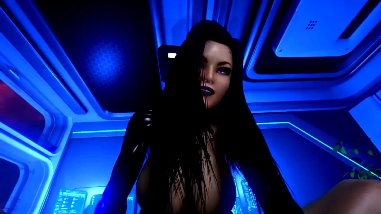 A cyberpunk futanari with huge boobs in latex