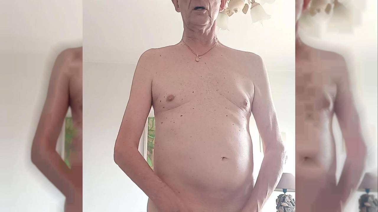 Old man choking his dick and cums on the table