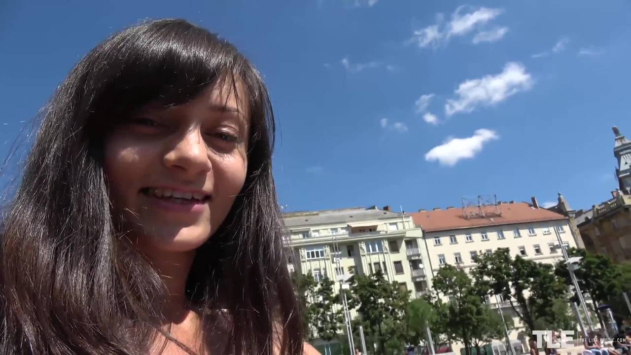 Dirty brunette show her tits and play with pussy in public